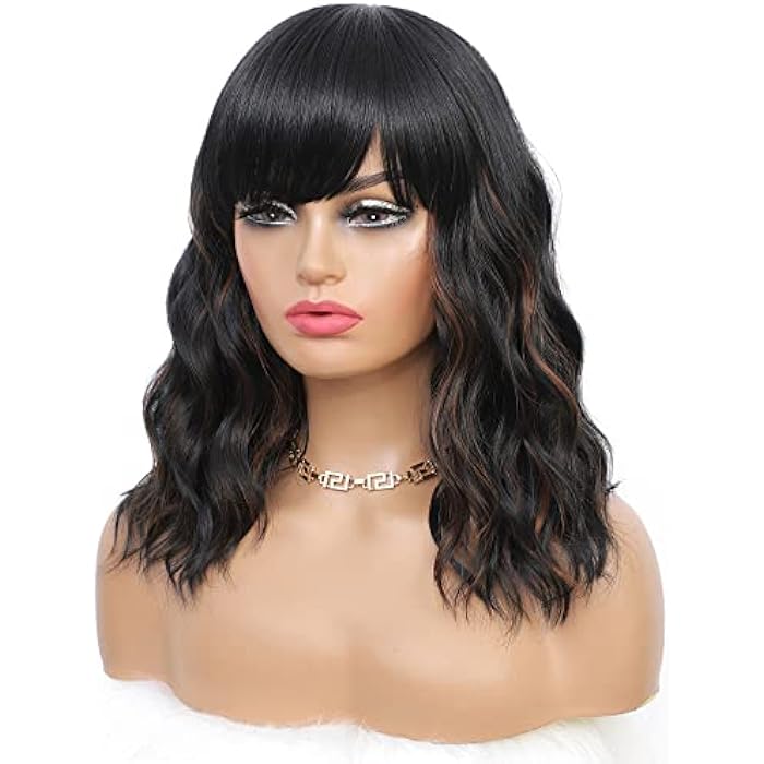 DILLARDS Duacorn Black Mixed Brown Bob Curly Wigs Short Wavy Bob Wig With Bangs,Medium Wavy Wigs For Women 16 Inch Bob Wig For Girl Colorful Cosplay Wigs - Image 1
